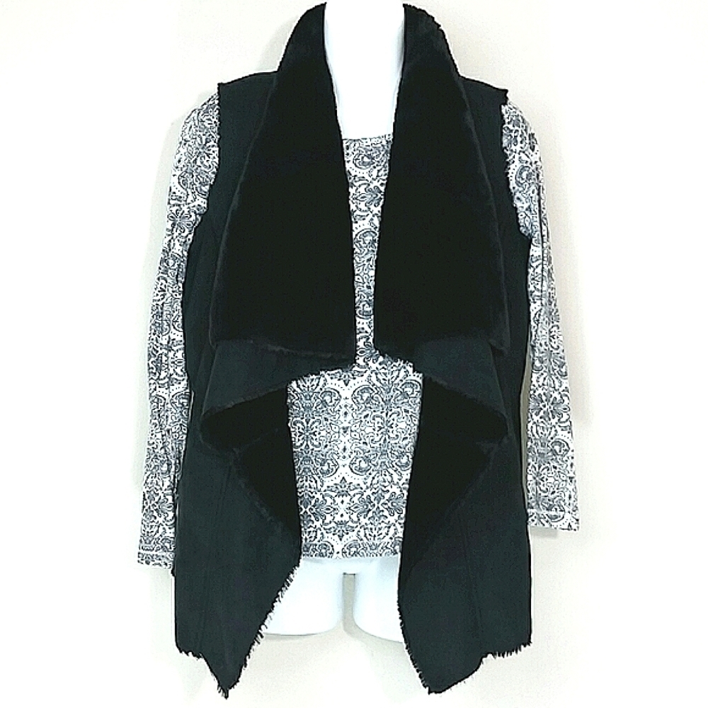db Black Faux Fur Microsuede Vest S Open Front High Low Hem Cozy Layering